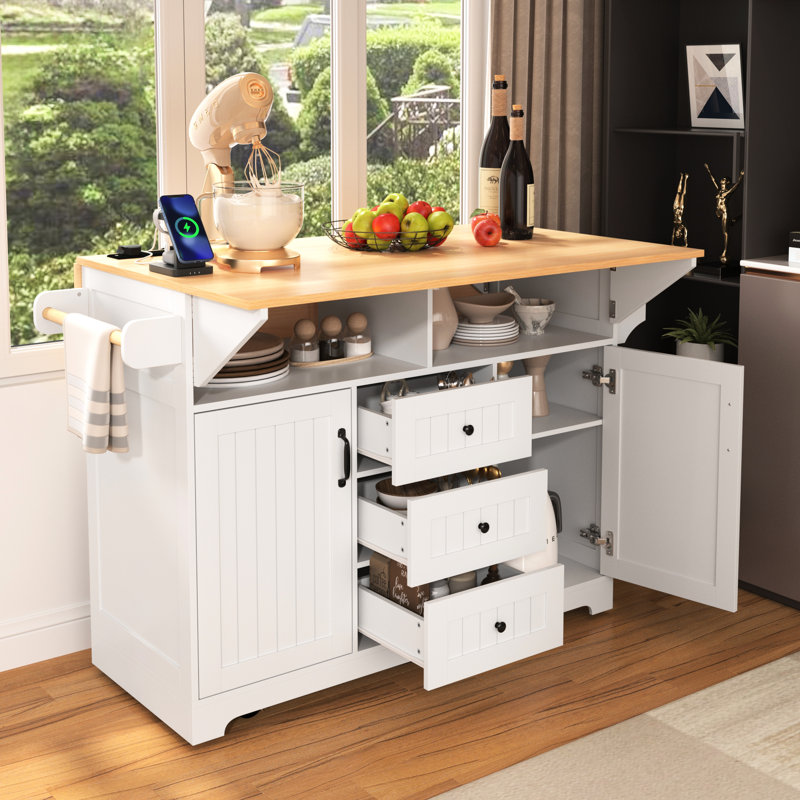 55.7'' Kitchen Island With 2 Drop Leaf, 5 Wheels Mobility, Power Outlet, Folding Storage Table, 3 Drawers, White 5 Motion, Socket, Towel Rack,