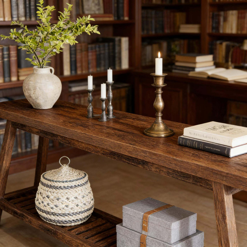 Table de canapé à 2 niveaux, console, table d'entrée très longue, Brun