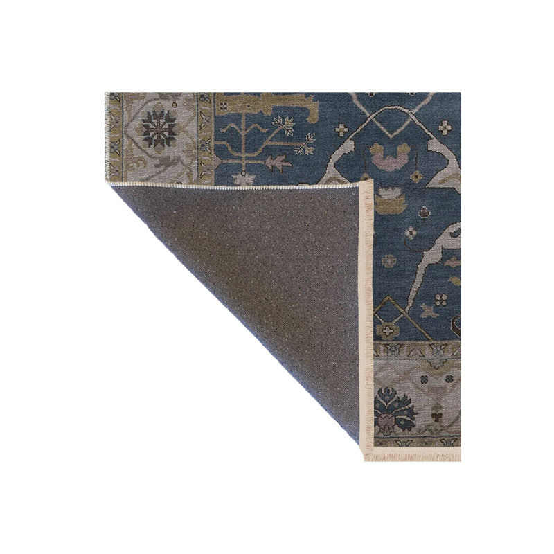 Tapis décoratif bleu à motif floral frangé à motif traditionnel, Sous-tapis rectangulaire de 3 pi 3 po x 4 pi 11 po