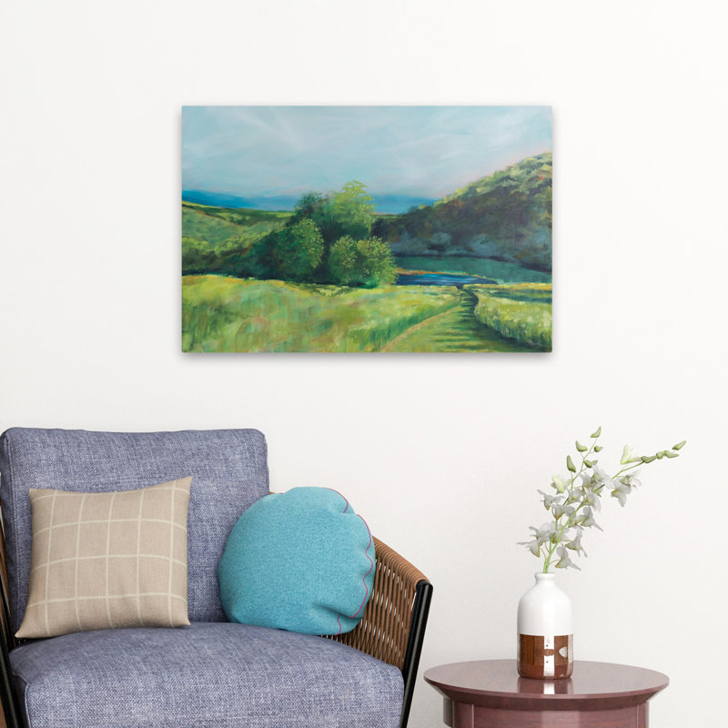 Vue de la vallée contemporaine bleu gris paysage brun vert, H 24 po x l 16 po
