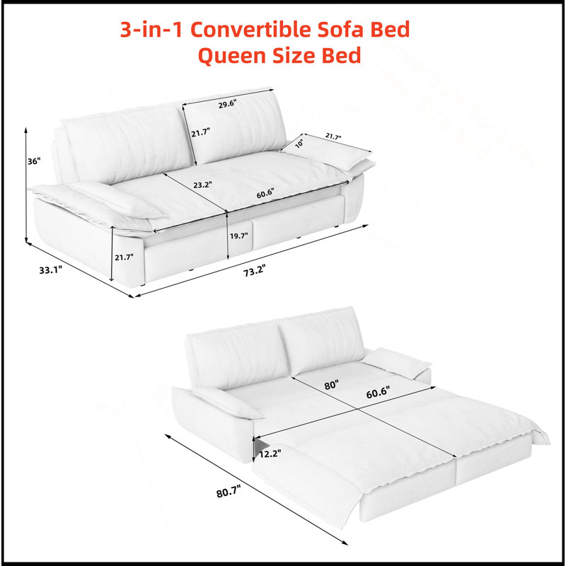 Grand canapé-lit escamotable de 73,2 po, canapé-lit convertible 3 en 1, causeuse multifonctionnelle en velours, Beige