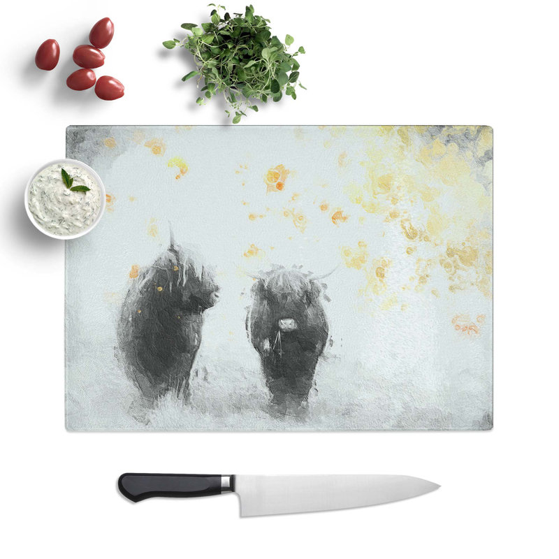 Tempered Glass Two Highland Cows in Abstract Chopping Board, 28.5 cm W x 20 cm L