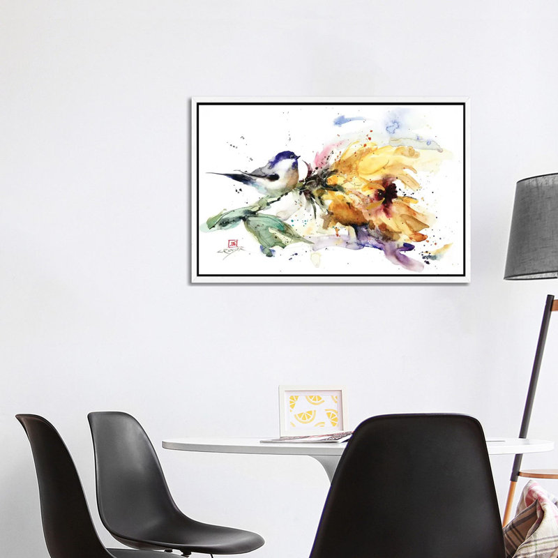 Chickadee And Sunflower by Dean Crouser - Painting on Canvas, 66.04 cm H x 45.72 cm W, White Framed Canvas