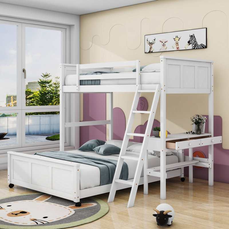 Lit superposé en bois Jathon avec bureau et deux tiroirs, Simple sur double, Blanc