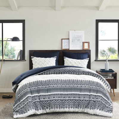 Ensemble d'édredon 3 pièces. Capitonnage en coton chenille. Imprimé bleu marine. Remplir. Et 2 taies décoratives. Magnifique literie en chenille lavable à la machine. Chaud assorti