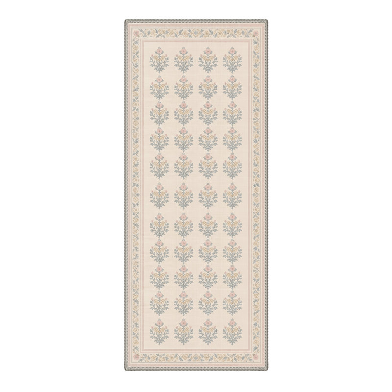 Tapis de couloir beige / bleu lavable à la machine avec envers antidérapant, Runner 2'3" x 6'
