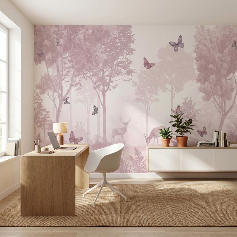 Papier peint forêt avec papillons et cerfs, 120 po x 96 po, Peler et coller