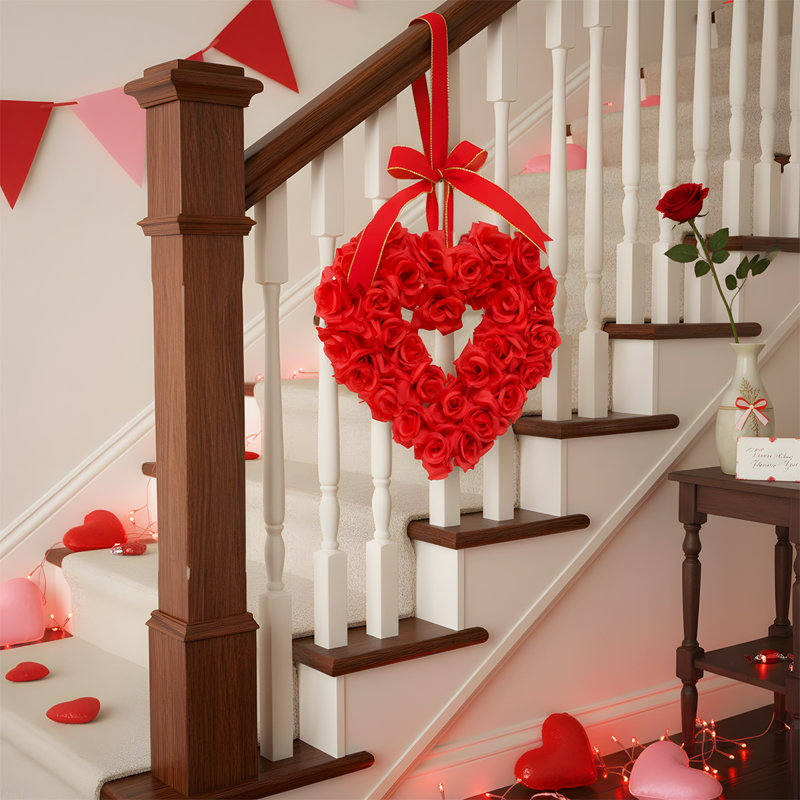 1 couronne de fleurs en forme de cœur rouge faite à la main pour la décoration de mariage, de fête et pour la maison, Rouge