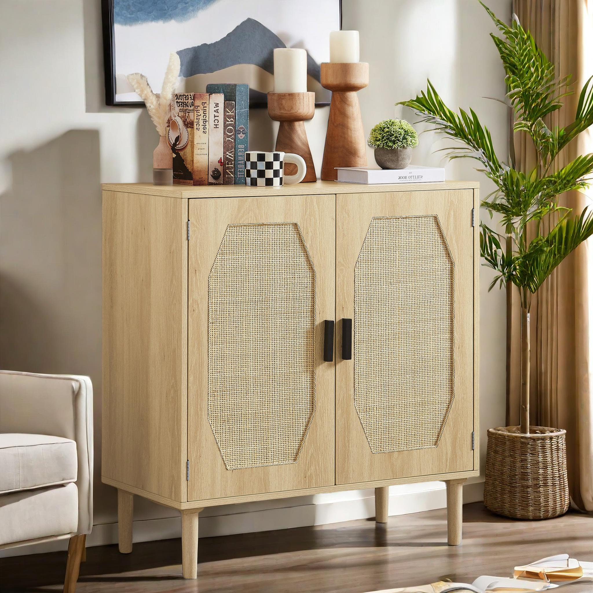 Buffet En Rotin 2 Portes - 80x40x83 Cm, étagères Réglables, Style Naturel Pour Salon/cuisine