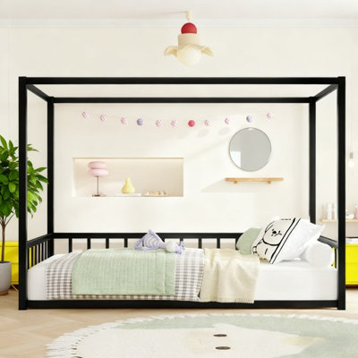 Black Iron Twin Floor Bed, Low-Profile Modern Style with Sunshade & Fence Guardrails(Mattress not included)