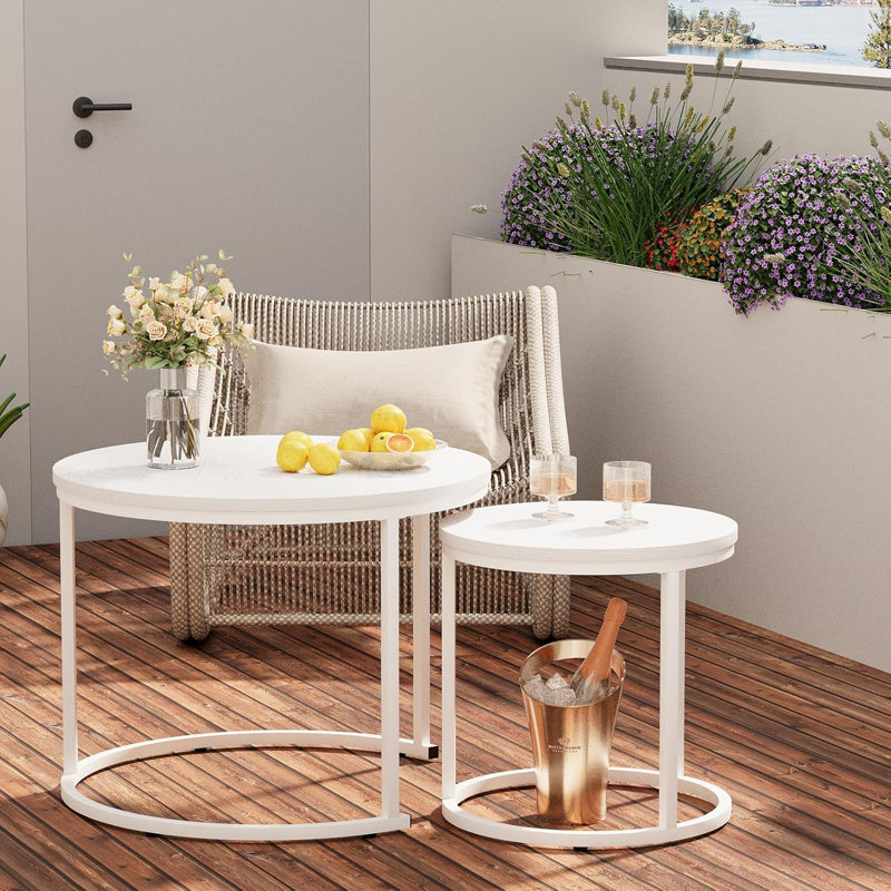 Nesting Coffee Table Round Side Table Set Of 2 End Tables For Living Room Bedroom Balcony,Wooden Stacking Accent Coffee Tables With Metal Frame