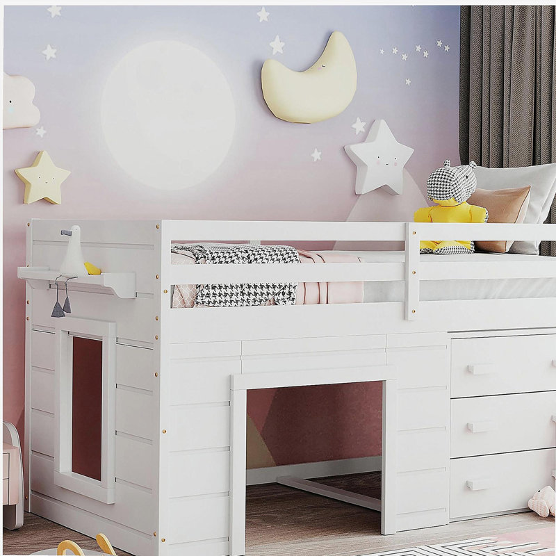 Lit mezzanine double avec placard et tablette - blanc, Blanc