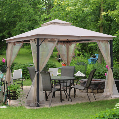 Pavillon de jardin en métal 10 pi x 10 pi avec moustiquaire, auvent double robuste et robuste, tente extérieure en acier galvanisé, convient aux jardins, au patio et à la cour arrière