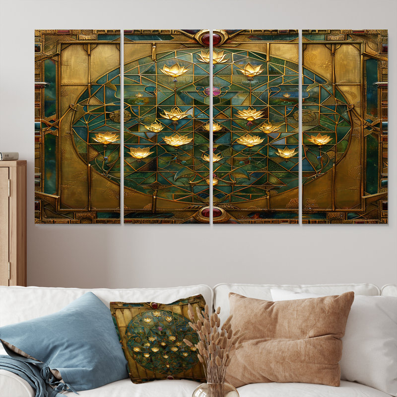Fleurs jaunes sur une géométrie mystique antique - art mural botanique 4 pièces, H 28 po x l 48 po