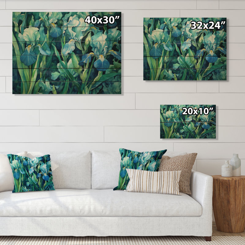 Iris vert pétale IV sur bois, H 24 po x l 32 po x P 0,78 po
