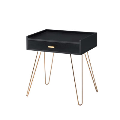 23.5" Black Accent Table With Copper Hairpin Legs And Matte Appearance, Drawer Mid-Century Table, Particleboard, Handle For Enhancement