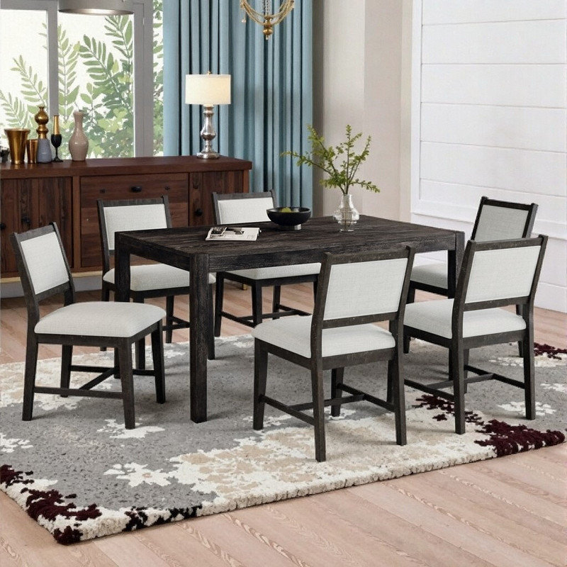 Ensemble de table de salle à manger rectangulaire 7 pièces avec sièges confortables, structure en bois, Noir