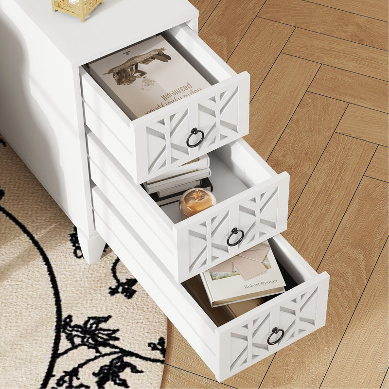 Table de bout avec 3 tiroirs, table de coin avec 2 tablettes ouvertes, table d'appoint haute pour chambre à coucher et coin