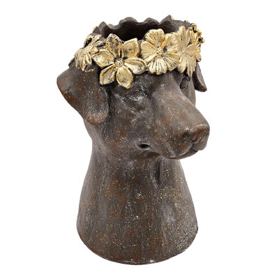 Magnesium Cat Statue Planter With Textured Brown Finish And Gold Leaf Crown