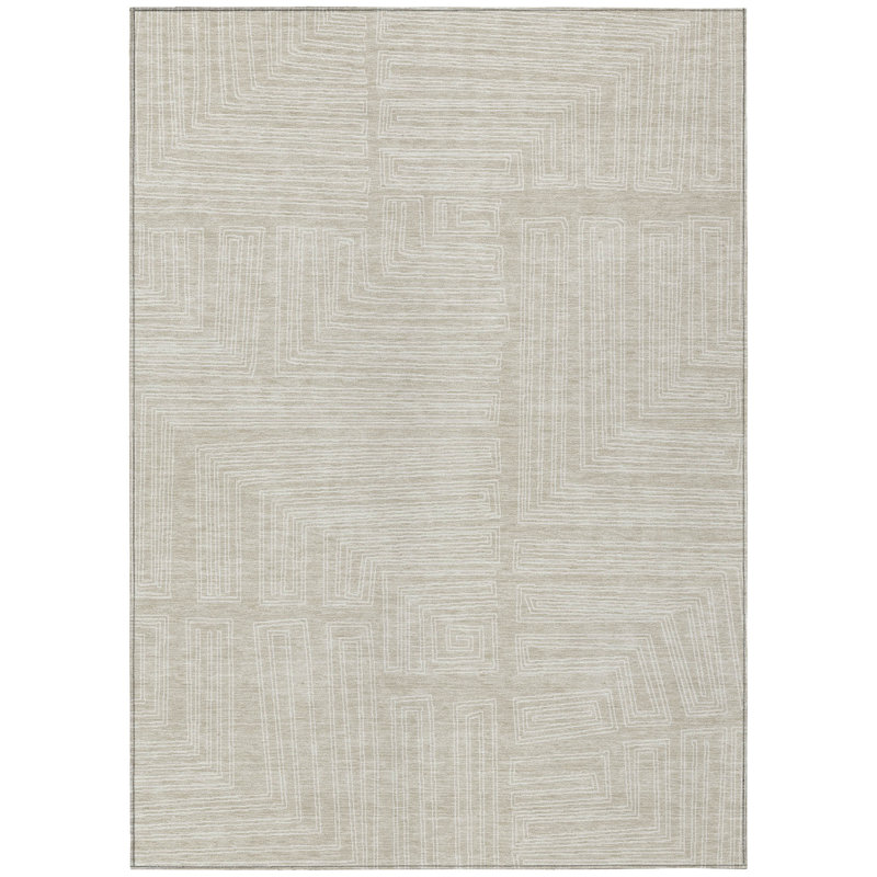 Beige Geometric Synthetic Flat Woven Washable Rug, 2'6" x 3'10"