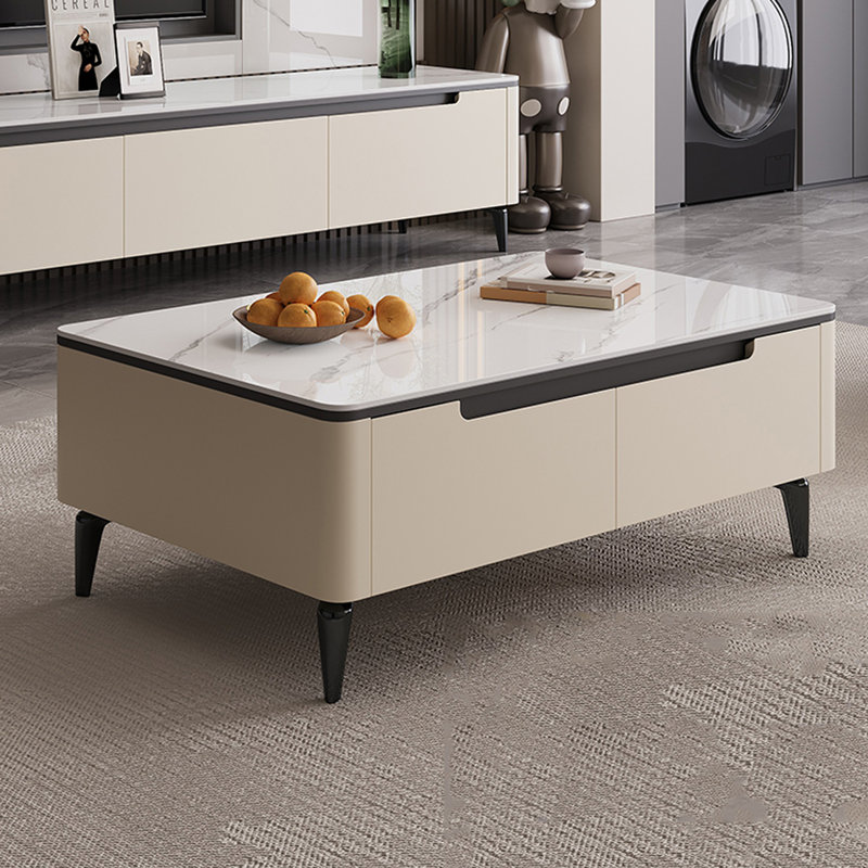 Cream wind rectangular rock slab coffee table, 15.7" H x 47.2" L x 23.6" W, Black/Off White