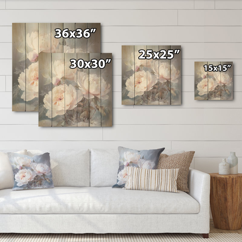 Chic Peonies Winter Charm - Peonies Wood Art On Natural Pine Wood, 25" H x 25" W