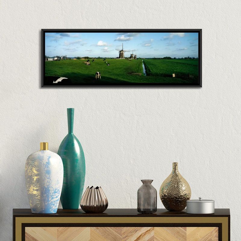 Panoramic Windmills, Pays-Bas, reproduction de photo sur toile, H 12 po x l 36 po x P 1,5 po, Toile avec cadre noir