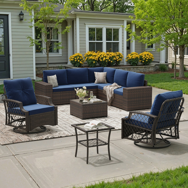 7 Person Patio Wicker Furniture Set With Swivel Rocking Chair, Navy