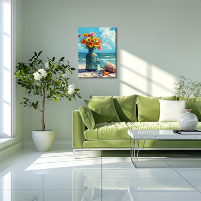 Coastal Beach Floral Canvas Wall Art - Nautical Vase & Starfish Print, Ready to Hang