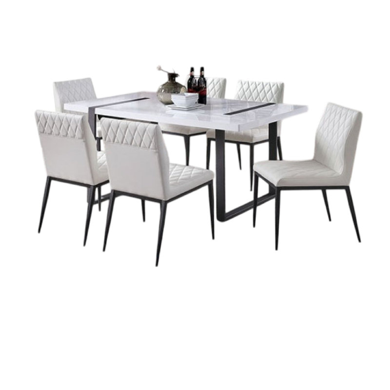 Ensemble de table de salle à manger 7 pièces Alz, 6 chaises rembourrées en similicuir blanc, noir