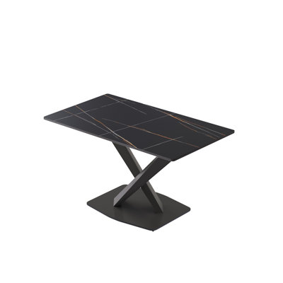 55.12" Modern Artificial Stone Black Straight Edge Black Metal X-Leg Dining Table -6 People
