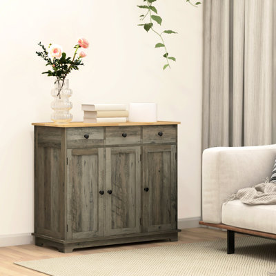 Rangement de comptoir en bois massif - gris, 3 tiroirs, portes, tablette réglable pour répondre à vos besoins quotidiens en matière de cuisine avec assiettes, casseroles, poêles, ustensiles, serviettes de table
