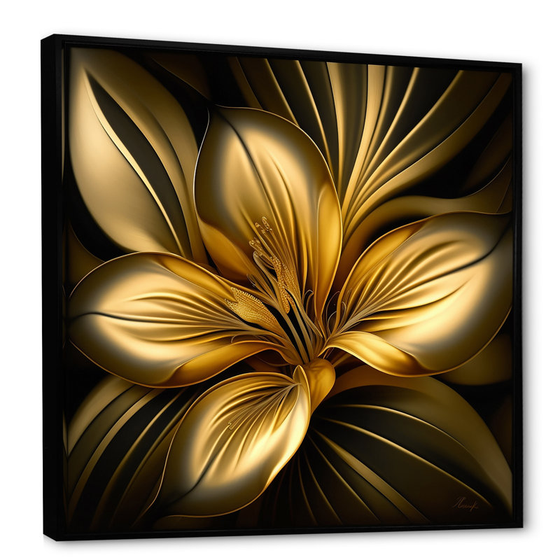 Lily, art mural floral, décor botanique doré - lis doré I, H 30 po x l 30 po x P 1 po, Toile avec cadre flottant noir