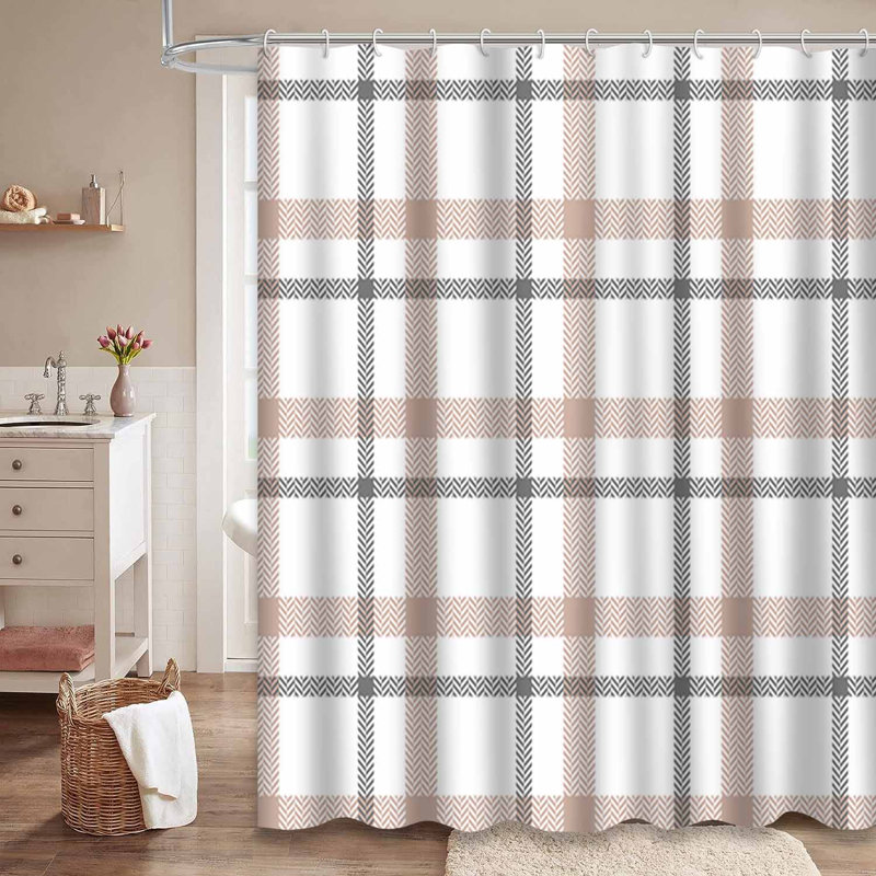 Rideau de douche à carreaux gris, beige et vanille avec 12 crochets, L 72 po x l 72 po