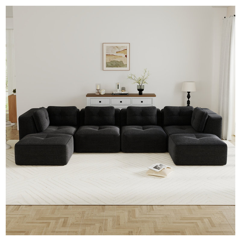 Canapé modulaire en velours côtelé 4 places avec 2 repose-pieds mobiles, aucun assemblage requis, Velours côtelé noir