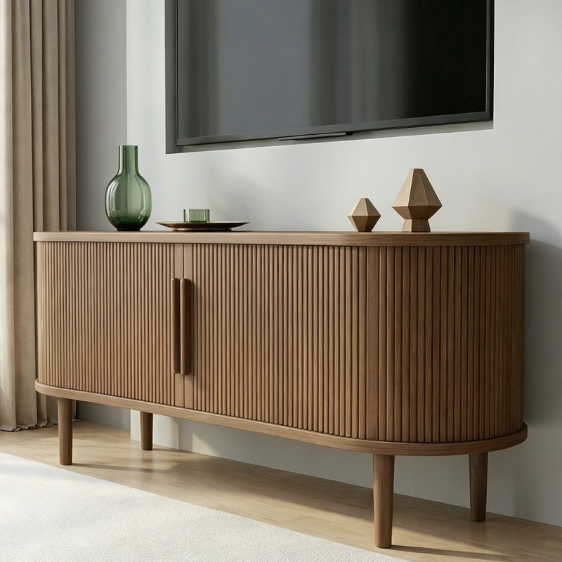Modern TV Stand, 63In Fluted TV Stand Modern Media Console Table Entertainment Center With Sliding Door And Solid Wood Legs For Living Room Bedroom Office