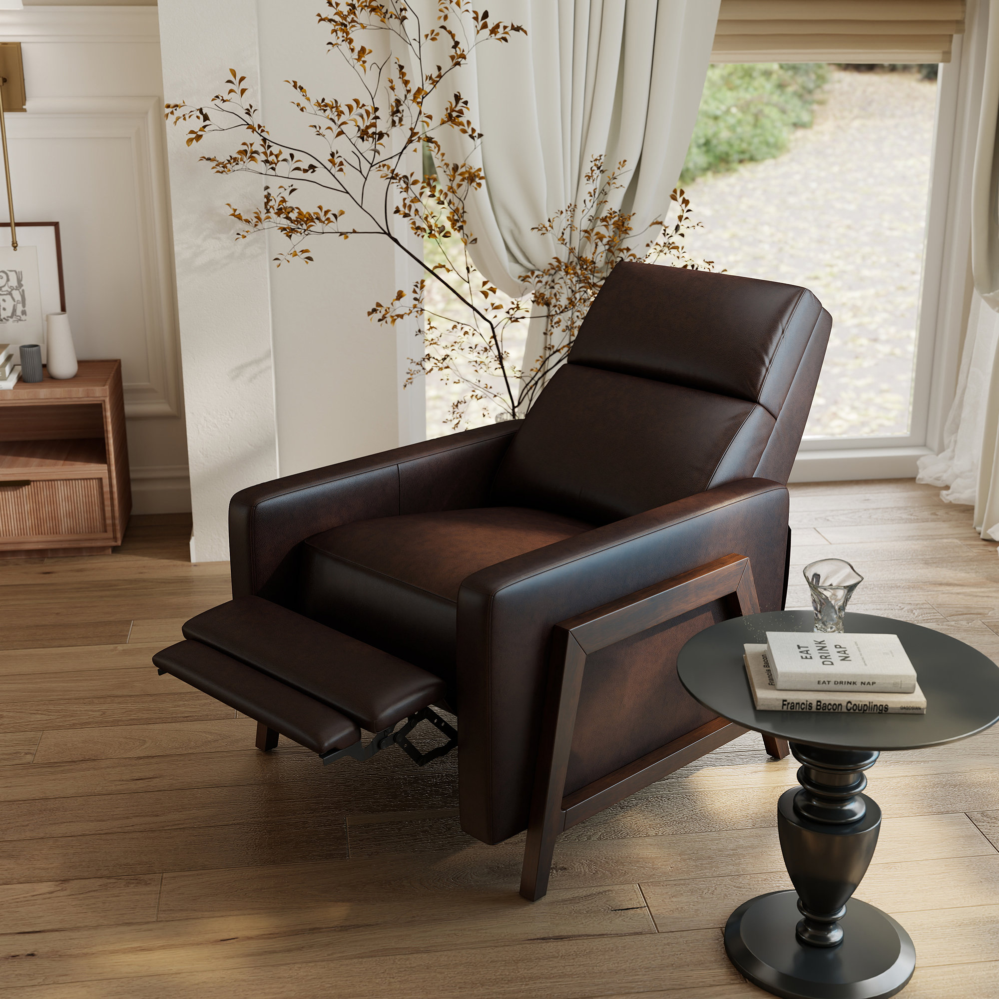 Edwin Vegan Leather Solid Wood Recliner, Dark Brown