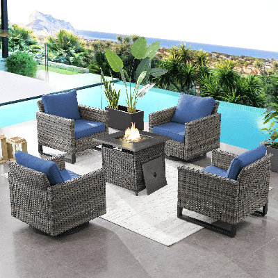 Naresa 5-Piece Outdoor Wicker Furniture Set With Swivel Glider Chairs & Fire Pit Table