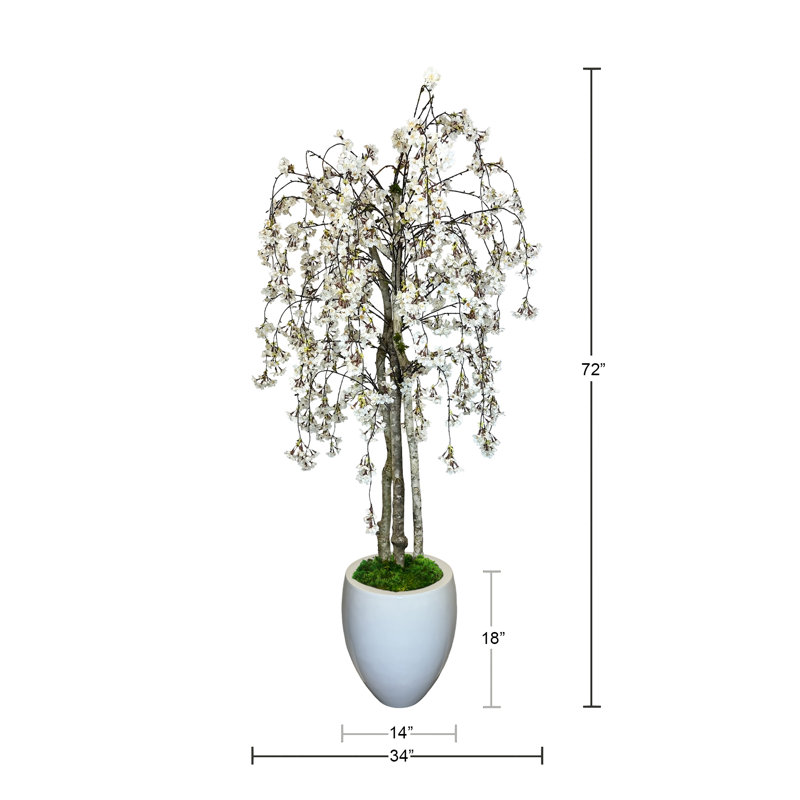 Faux Cherry Blossom Tree in Fiberstone Planter, 72" H x 34" W x 11.50" D
