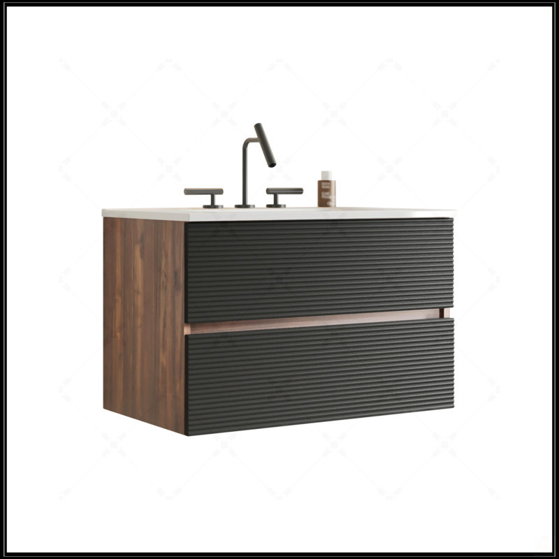 Meuble-lavabo mural noir et noyer de 30 pouces avec lavabo intégré en céramique, grand rangement pour les salles de bain modernes