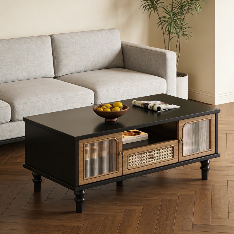 Table basse vintage avec rangement en verre et rotin, H 21,65 po x L 51,18 po x l 27,55 po, Noir / brun