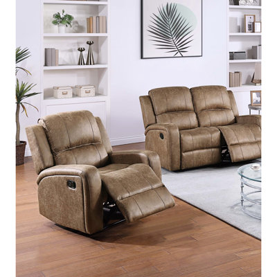 Salon contemporain 2 pièces composé d'un canapé et d'un fauteuil inclinable, design à accoudoirs carrés, coussins, capitonnage horizontal, similicuir châtaigne pour le canapé et les accoudoirs, assise verticale rembourrée