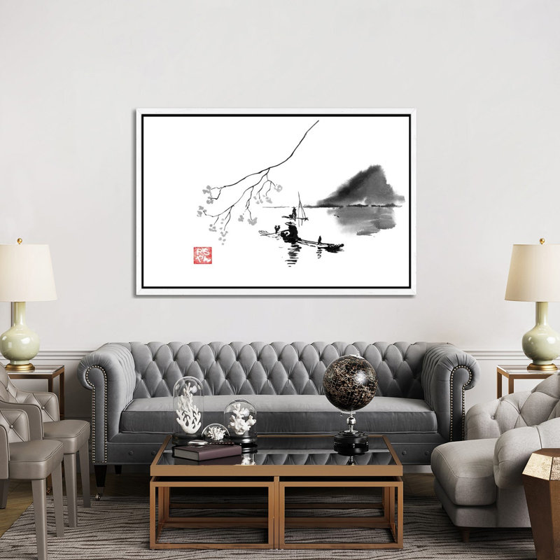 Lake by Péchane - Painting on Canvas, 152.5 cm H x 101.5 cm W, White Framed