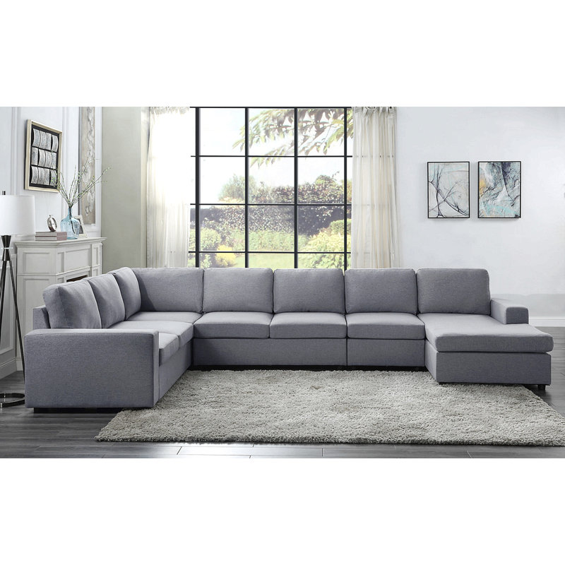 Modular Linen Sectional Sofa With Reversible Chaise, Light Gray, 33" H x 94" W x 147" D