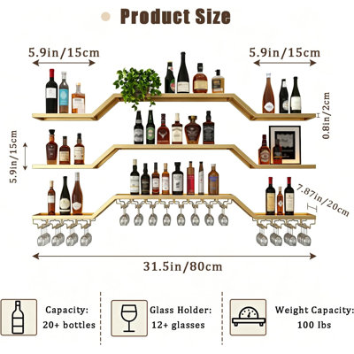 Étagère à vin murale modulaire à 3 niveaux, étagères individuelles réglables avec éclairage DEL | Étagères murales modernes dorées de 80 cm avec porte-verres, tablette flottante pour bouteilles d'alcool, en métal, idéale pour bar, salle à manger ou café.