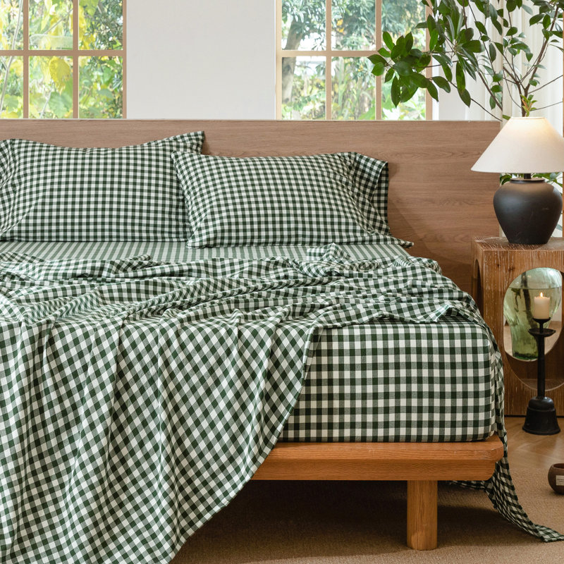 Ensemble de draps 100% coton lavé MooMee, Ensemble de draps pour grand lit avec 2 taies d'or, Vert forêt