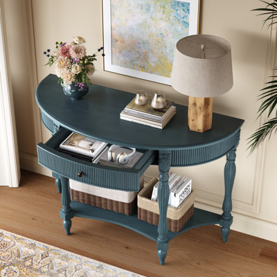 Console demi-lune en bois massif avec tiroir et tablette, table d'entrée incurvée cannelée rétro pour vestibule de salon de couloir, table de canapé à espace étroit avec pieds romains sculptés