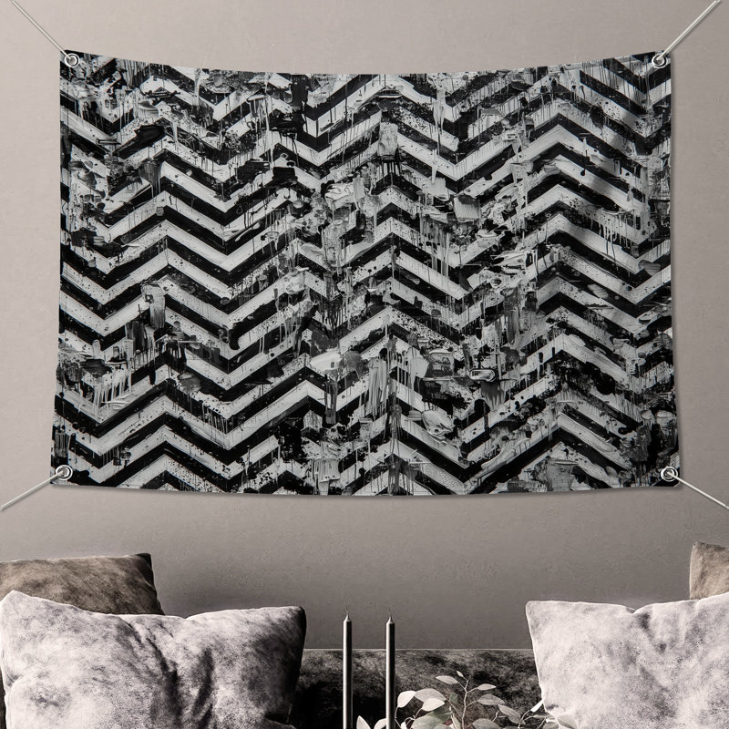 Tapisserie murale "Chevron" noir et blanc, H 68 po x l 80 po avec 4 œillets