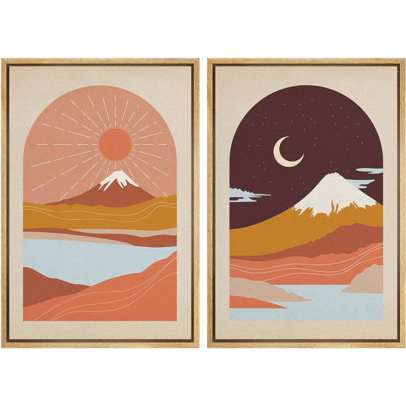 "Western Mountain Sun & Moon Nature Landscape", art moderne sur toile encadrée, 2 pièces, Cadre naturel flottant