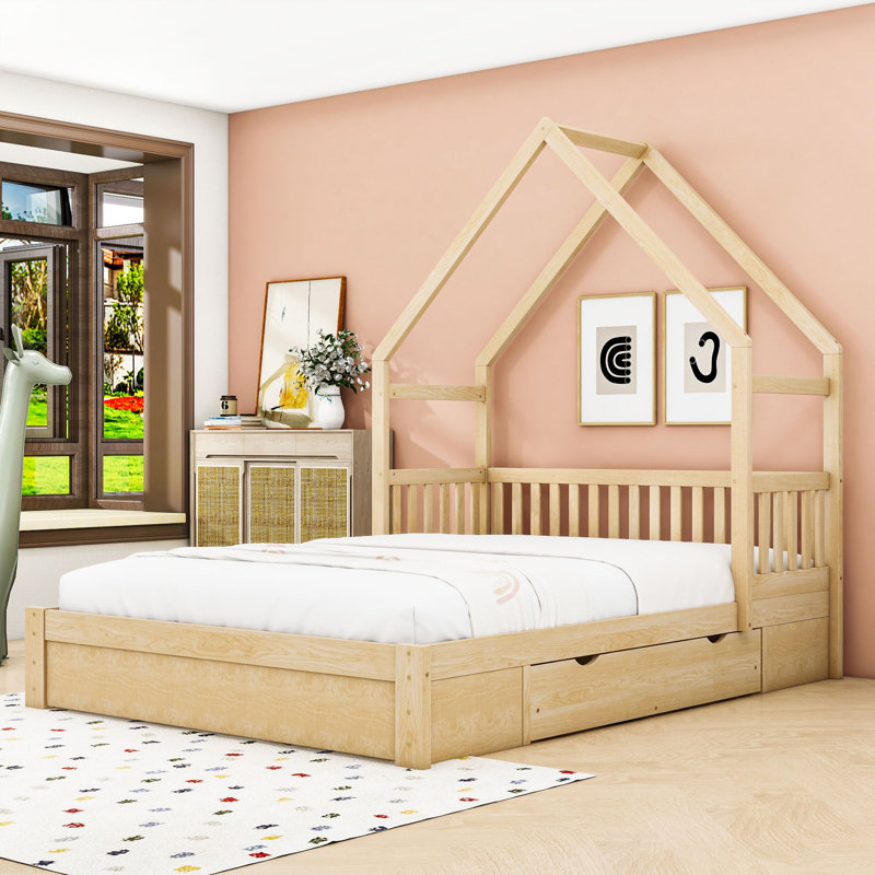 Grand lit plateforme en bois en forme de maison avec tiroirs de rangement et garde-corps, Naturel